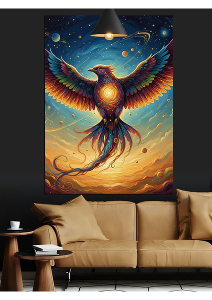 Anka Kuşu Turuncu ve Mavi Işıltılı Kanat Dekoratif Kanvas - Mdf Ahşap Tablo
