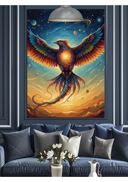 Anka Kuşu Turuncu ve Mavi Işıltılı Kanat Dekoratif Kanvas - Mdf Ahşap Tablo modelleri