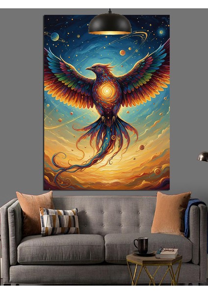 Anka Kuşu Turuncu ve Mavi Işıltılı Kanat Dekoratif Kanvas - Mdf Ahşap Tablo fırsatları
