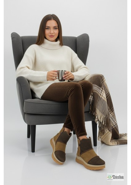 Mammimia Kadın Hakiki Deri Ortopedik Fermuarlı Düz Kalın Taban Spor Günlük Bot M26/KB4090