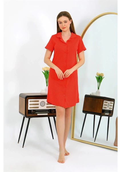 Kadın Pamuk Penye Kısa Kol Düğmeli Kırmızı Tunik Gecelik indirimleri