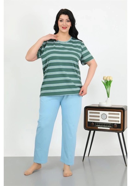 Kadın Büyük Beden Kısa Kol Penye Pijama Takımı Petrol modelleri