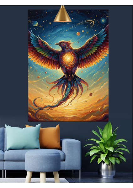 Anka Kuşu Turuncu ve Mavi Işıltılı Kanat Dekoratif Kanvas - Mdf Ahşap Tablo indirimleri