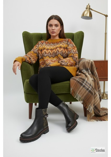 Mammimia Kadın Leopar Desenli Hakiki Deri Ortopedik Fermuarlı Düz Kalın Taban Günlük Bot M26/KB4240