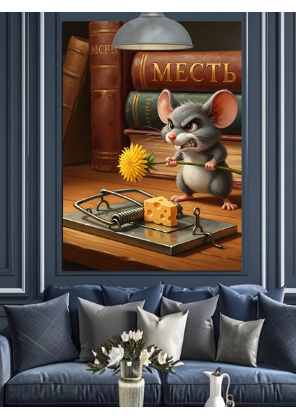 Kapandaki Peynir Sinirli Fare ve Kitaplar Dekoratif Kanvas - Mdf Ahşap Tablo