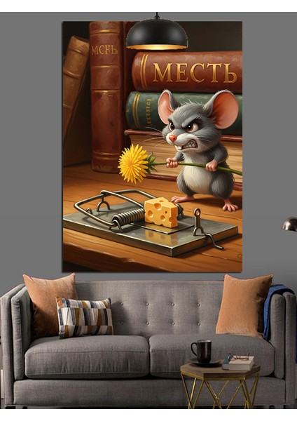 Kapandaki Peynir Sinirli Fare ve Kitaplar Dekoratif Kanvas - Mdf Ahşap Tablo fiyatları