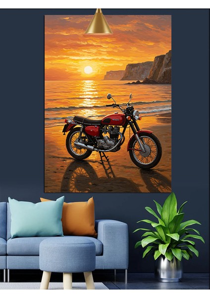 Sahilde Motosiklet Gün Batımı Kırmızı Dekoratif Kanvas - Mdf Ahşap Tablo