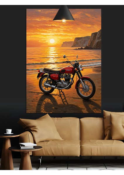 Sahilde Motosiklet Gün Batımı Kırmızı Dekoratif Kanvas - Mdf Ahşap Tablo fiyatları