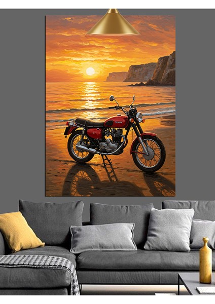 Sahilde Motosiklet Gün Batımı Kırmızı Dekoratif Kanvas - Mdf Ahşap Tablo modelleri
