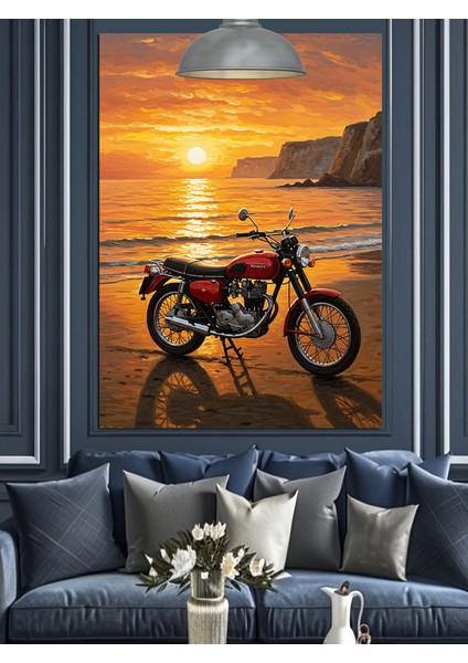 Sahilde Motosiklet Gün Batımı Kırmızı Dekoratif Kanvas - Mdf Ahşap Tablo fırsatları