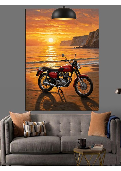 Sahilde Motosiklet Gün Batımı Kırmızı Dekoratif Kanvas - Mdf Ahşap Tablo indirimleri