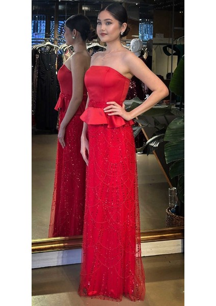 Kırmızı Straplez Yaka Kemerli Sırt Dekolteli Düz Kesim Pullu Boncuklu Uzun Abiye Elbise 11141-02 fiyatları