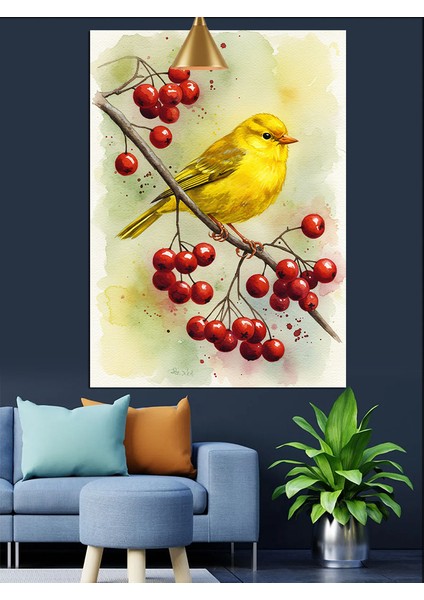 Kanarya Kuşu Sarı Kiraz Dalı Dekoratif Kanvas - Mdf Ahşap Tablo
