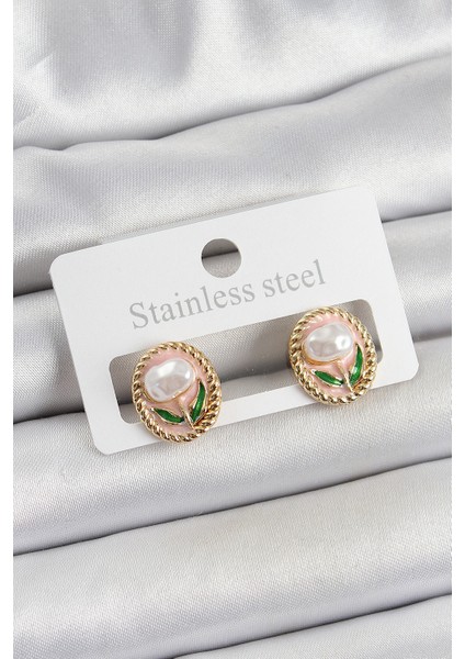 Pirinç Pembe Mineli Lale Figürlü Sanatsal Portre Model Gold Renk Kadın Küpe - TJ-BKP10672