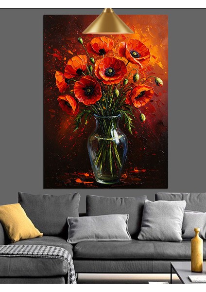 Kırmızı Çiçekler Siyah Arka Plan Dekoratif Kanvas - Mdf Ahşap Tablo