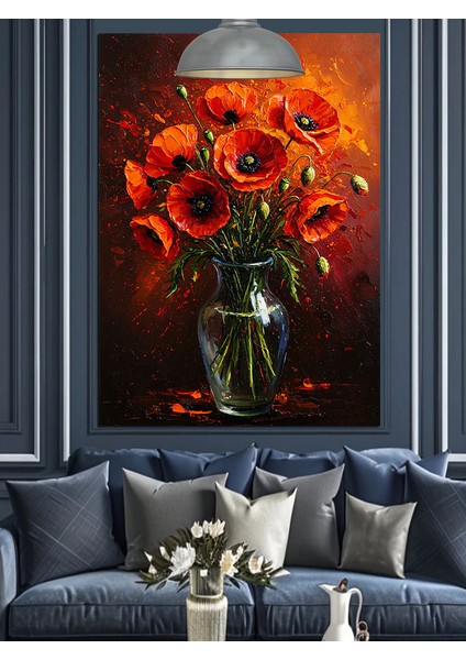 Kırmızı Çiçekler Siyah Arka Plan Dekoratif Kanvas - Mdf Ahşap Tablo fiyatları