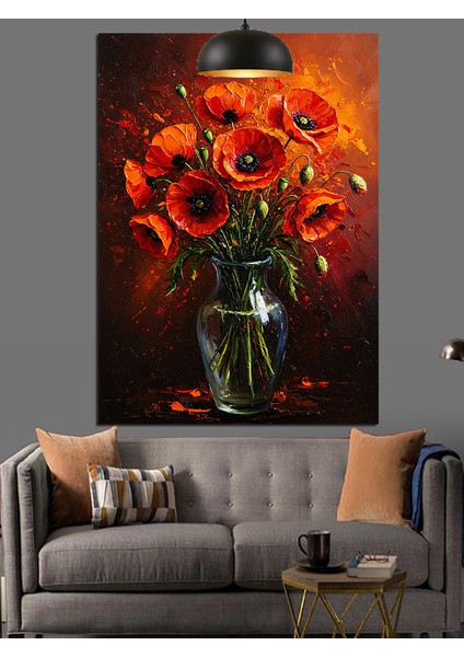 Kırmızı Çiçekler Siyah Arka Plan Dekoratif Kanvas - Mdf Ahşap Tablo modelleri
