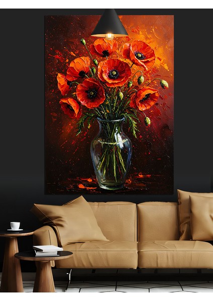 Kırmızı Çiçekler Siyah Arka Plan Dekoratif Kanvas - Mdf Ahşap Tablo indirimleri