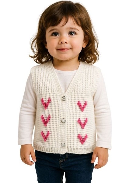 7471 El Örgüsü Kalp Desenli Örgü Yelek - 1 - 3 Yaş