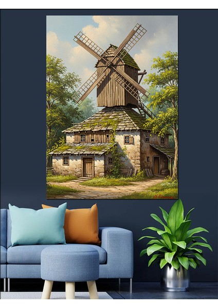 Yel Değirmeni Kırsal Manzara Dekoratif Kanvas - Mdf Ahşap Tablo