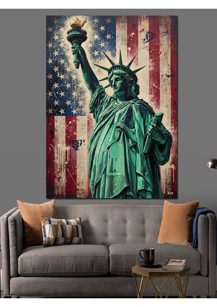 Özgürlük Heykeli Amerikan Bayrağı Dekoratif Kanvas - Mdf Ahşap Tablo