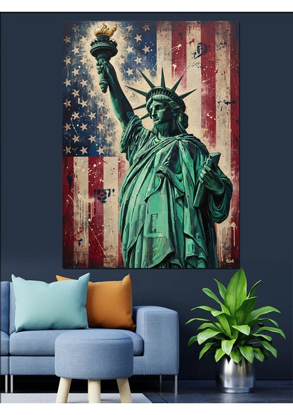 Özgürlük Heykeli Amerikan Bayrağı Dekoratif Kanvas - Mdf Ahşap Tablo fırsatları