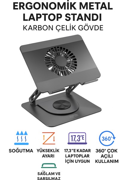 Katlanabilir Metal Laptop Standı 360 Döner Taban Dahili Fan Ayarlanabilir Eğim 17.3 Inc Kadar Uyumlu