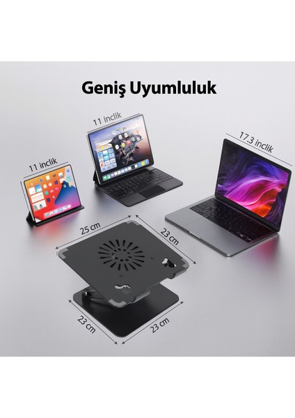 Katlanabilir Metal Laptop Standı 360 Döner Taban Dahili Fan Ayarlanabilir Eğim 17.3 Inc Kadar Uyumlu fırsatları
