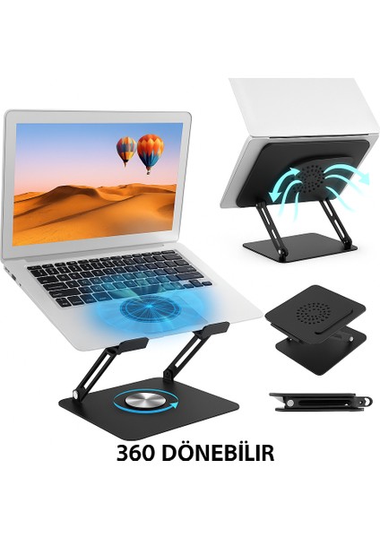 Katlanabilir Metal Laptop Standı 360 Döner Taban Dahili Fan Ayarlanabilir Eğim 17.3 Inc Kadar Uyumlu indirimleri