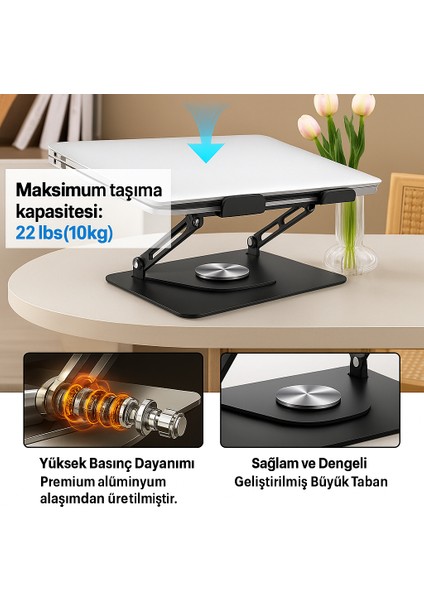 Katlanabilir Metal Laptop Standı 360 Döner Taban Dahili Fan Ayarlanabilir Eğim 17.3 Inc Kadar Uyumlu