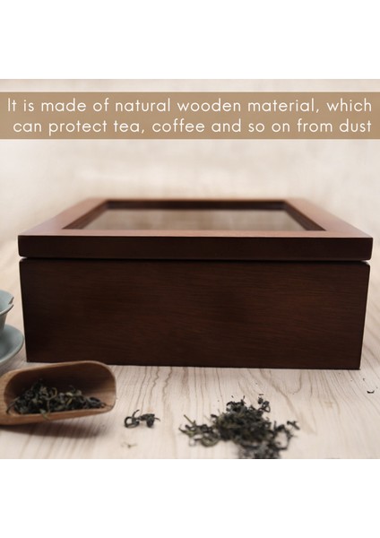 Ahşap 9 Izgaralar Çay Kutusu Çay Poşetleri Konteyner Saklama Kutusu Kare Hediye Kutusu Kılıf Şeffaf Üst ​​kapak Takı Saklama Kutusu-Kırmızı Şarap Renk (Yurt Dışından) modelleri