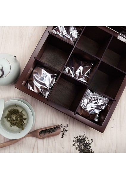 Ahşap 9 Izgaralar Çay Kutusu Çay Poşetleri Konteyner Saklama Kutusu Kare Hediye Kutusu Kılıf Şeffaf Üst ​​kapak Takı Saklama Kutusu-Kırmızı Şarap Renk (Yurt Dışından) fırsatları