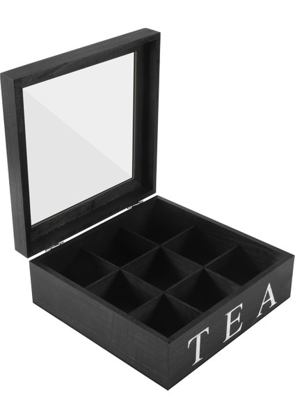 Ahşap 9 Izgara Çay Kutusu Çay Poşetleri Konteyner Depolama Kutusu Kare Hediye Kutusu Kılıf Şeffaf Üst ​​kapak Takı Saklama Kutusu Black (Yurt Dışından)