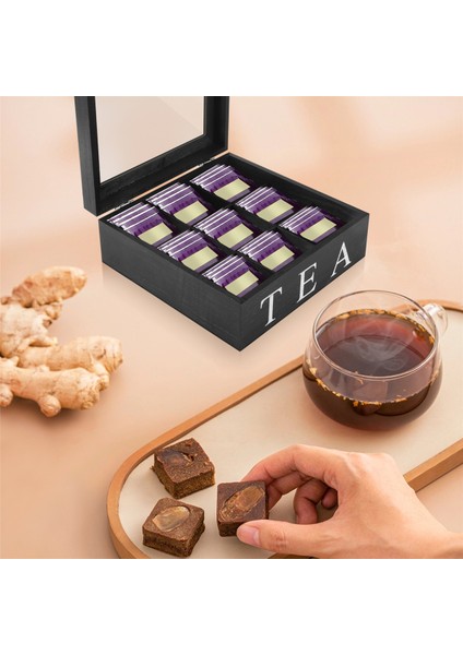 Ahşap 9 Izgara Çay Kutusu Çay Poşetleri Konteyner Depolama Kutusu Kare Hediye Kutusu Kılıf Şeffaf Üst ​​kapak Takı Saklama Kutusu Black (Yurt Dışından) indirimleri
