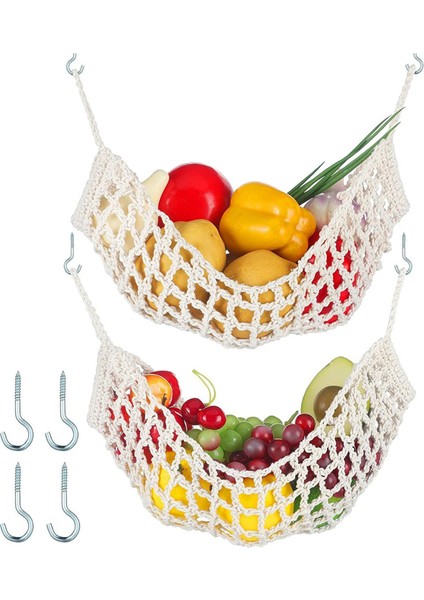 2 Adet Makrame Meyve Hamak, Mutfak Için Dolap Altında Asılı Meyve Sepetleri El Dokuması Dekoratif Meyve Net Çantası (Yurt Dışından)