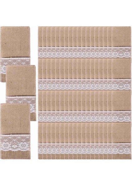 75PCS Çuval Bezi Dantel Çatal Teşheri Koruması Rustik Düğün Sofra Bıçağı Çatal Tutucu Çantası Hessian Jüt Masası Dekorasyon Aksesuarları (Yurt Dışından)