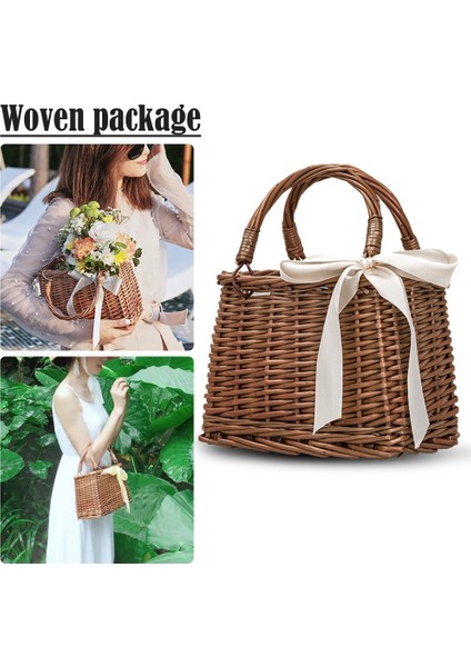 Rattan Dokuma Çanta Retro Tarzı Çanta Çanta Plaj Çantası Depolama Sepeti Öğle Yemeği Kutusu Çantası (Yurt Dışından) indirimleri