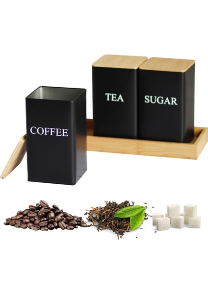 3pcs Set Çay Kahve Şeker Kutusu Tepsi ile Set Demir Çay ve Bambu Kapaklı Kahve Kavanozları Kahve Şeker Çay Konteynerleri B B (Yurt Dışından) indirimleri