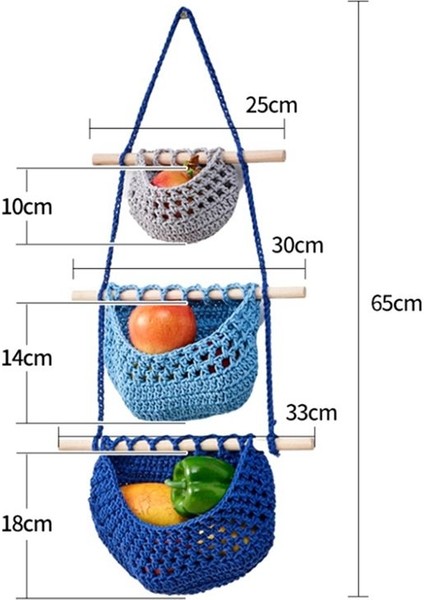 Duvar Meyve Sepeti Örgülü Asılı Sepetler Mutfak Meyve ve Sebze Sepeti 3 Katmanlı Depolama Asılı Dokuma Cep C (Yurt Dışından) indirimleri