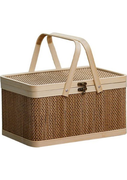 Bambu Sepet Doğal -Dostu Dokuma Sepet Bambu Piknik Sepeti Kapaklı El Atıştırmalıkları Ekmek Depolama Sepeti (Yurt Dışından)
