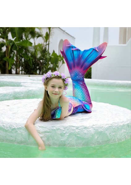 Kız Yüzme Kids Bikini Kostüm 3pcs Setleri Çiçek Kafa Bandı (10-11 Yıl) Için Denizkızı Kuyruk Mayo (Yurt Dışından)