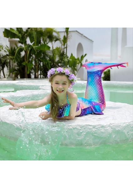 Kız Yüzme Kids Bikini Kostüm 3pcs Setleri Çiçek Kafa Bandı (10-11 Yıl) Için Denizkızı Kuyruk Mayo (Yurt Dışından) modelleri