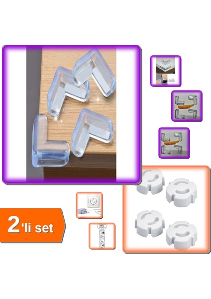 Masa Sehpa Köşe Koruyucu Silikon 12 Adet + Çocuk Koruma Priz Kapağı 4 Adet - 2li Set D1B6V1