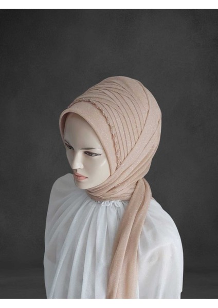 Işlemeli Gold Simli Hazır Duvak Hazır Şal Hazır Türban