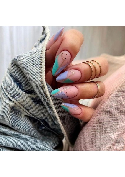 Simli Lila Yeşil Desenli Badem Takma Tırnak Seti (24 Adet)