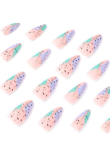 Simli Lila Yeşil Desenli Badem Takma Tırnak Seti (24 Adet) fiyatları