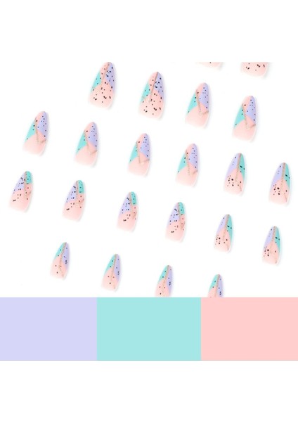 Simli Lila Yeşil Desenli Badem Takma Tırnak Seti (24 Adet) fırsatları