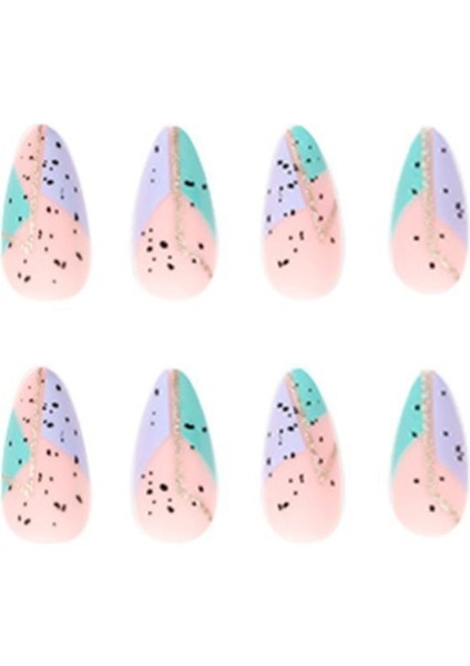 Simli Lila Yeşil Desenli Badem Takma Tırnak Seti (24 Adet) indirimleri