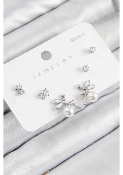 Bfs Pirinç Zirkon Taşlı Inci Melek Model Gümüş Renk 925 Ayar Gümüş Çivi Kadın Küpe Set