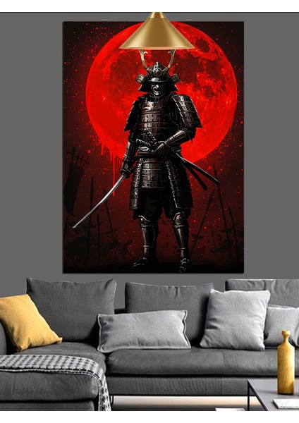 Kırmızı Ay ve Ninja Suikastçı Siyah Dekoratif Kanvas - Mdf Ahşap Tablo